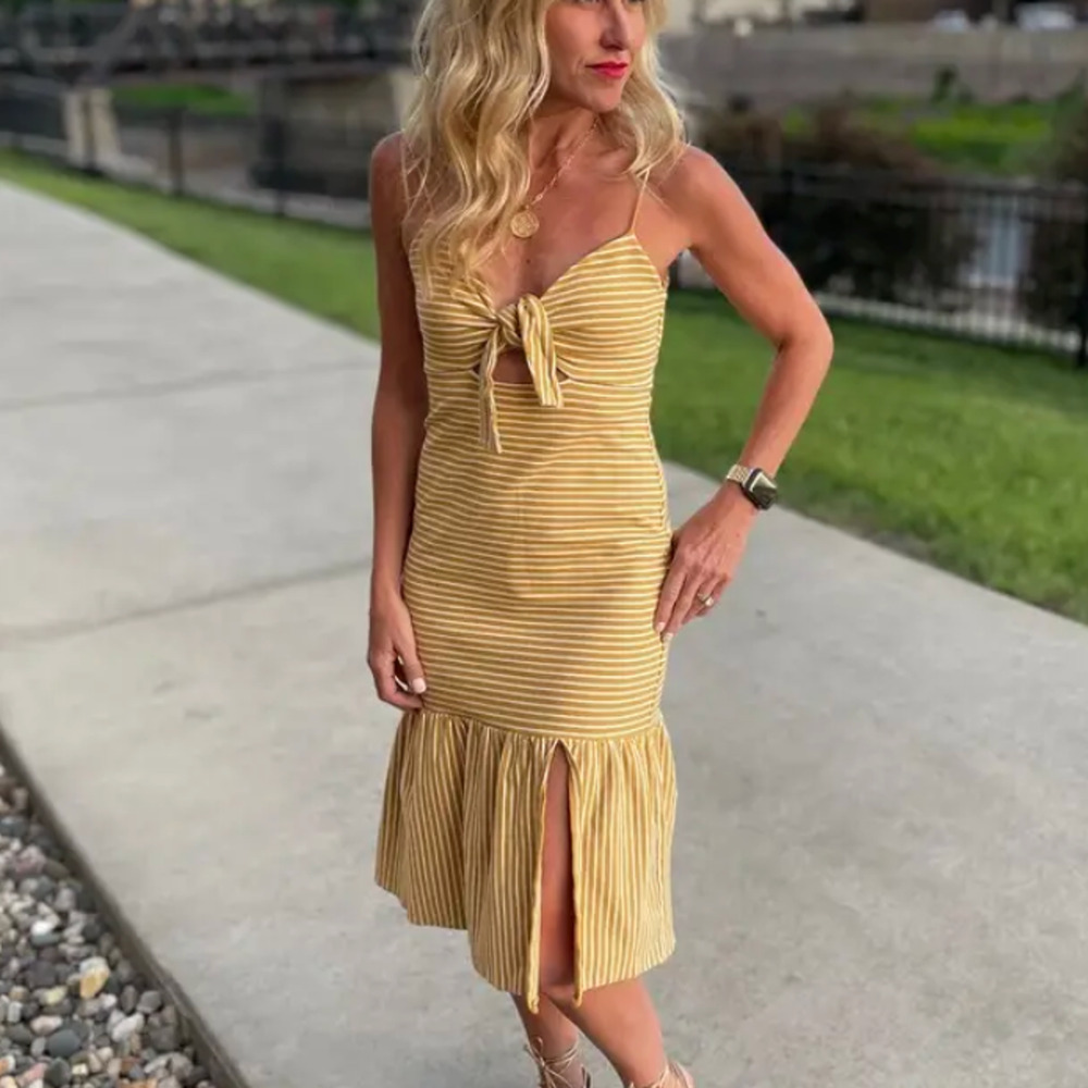 Saylor Mustard Striped Midi Slip Dress MEDIUM Bodycon Vacation Bow Pinup $200 - Picture 7 of 15